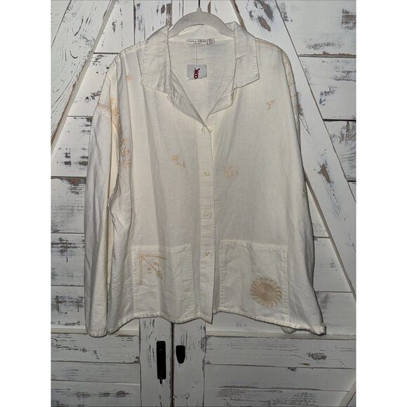 ZARA Home LINEN Cotton SHIRT House Coat ZW COLLECTION Embroidered Floral NWT L - Picture 9 of 11